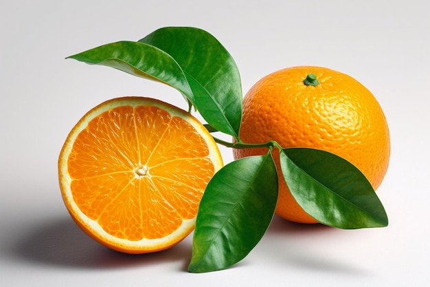 Two oranges with green leaves are on a white background.