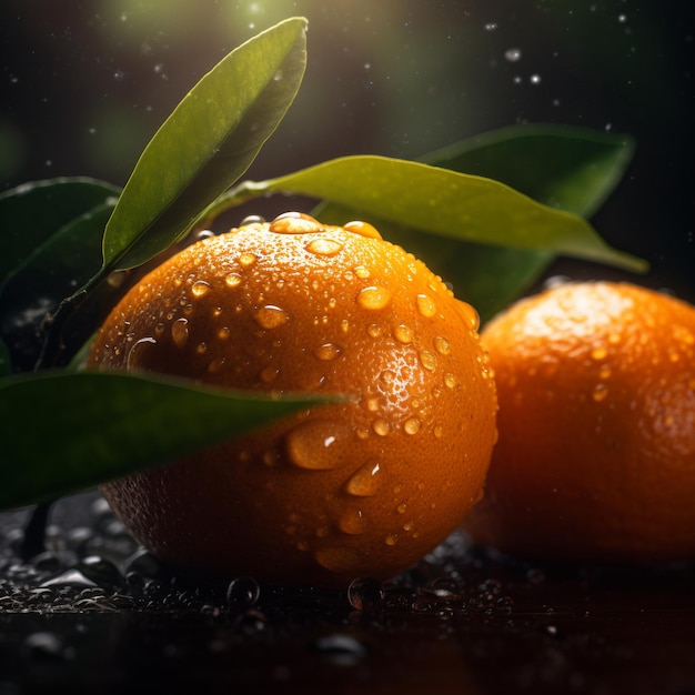 Two oranges with green leaves and one has water droplets on it.