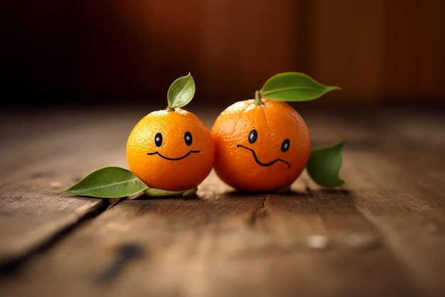 Two oranges with green leaves on them sit on a wooden table.