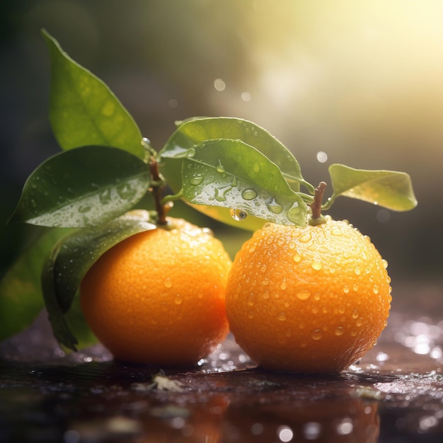 Two oranges with leaves on them and one has a green leaf on it.