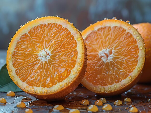 two oranges with seeds on a table and one with a drop of water