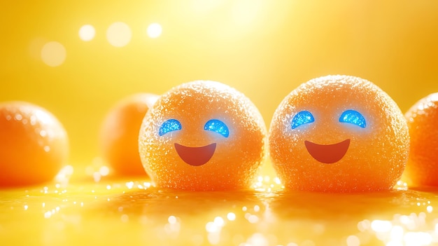 Photo two oranges with smiley faces on them one has a smile on his face