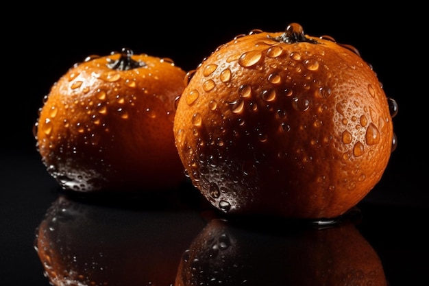 Two oranges with water droplets on them sit on a black surface.