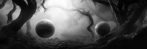 Photo two orbs float amidst a dense foggy forest symbolizing mystery wonder the unknown and the