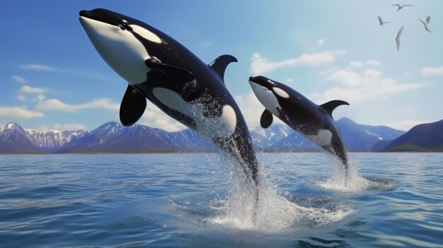 Two orca whales leaping out of the water Suitable for marine life themes