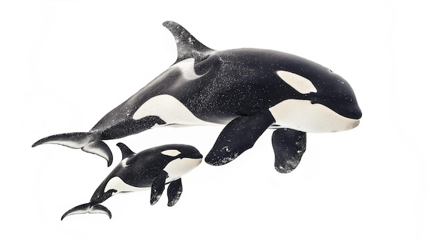 Two orcas adult and calf swimming together isolated on a white background