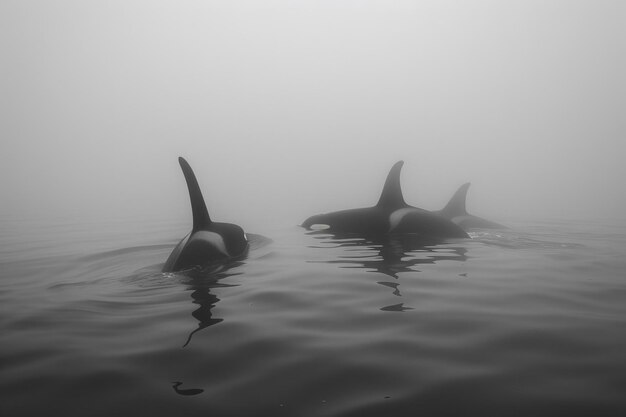 Photo two orcas swimming in the foggy water