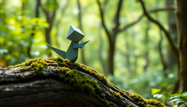 Photo two origami characters standing on a mossy log in a magical forest greeting each other isolated