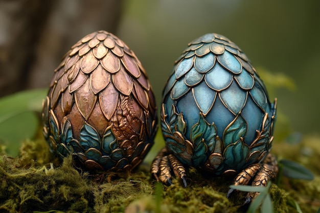 Two Ornate Dragon Eggs Nestled in Moss