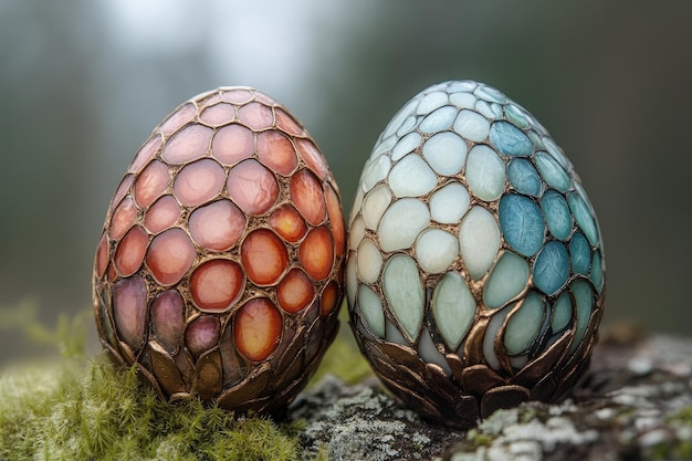 Two Ornate Eggs on Moss Covered Rock