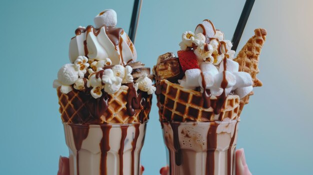 Photo two ornate and fancy milkshakes topped with popcorn whipped cream and dipped in chocolate sauce igniting pure joy