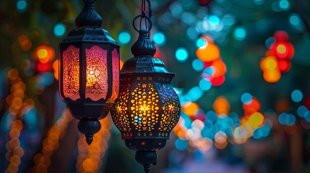 Two Ornate Lanterns Hanging with Blurred Lights in the Background