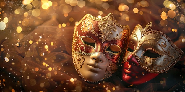 Two ornate Venetian carnival masks with golden and red embellishments against a blurred backdrop