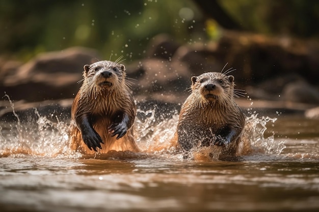 Two otters are running in the water, one of them is wearing a mask.