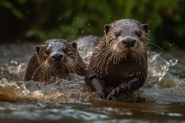 Two otters are swimming in a river.