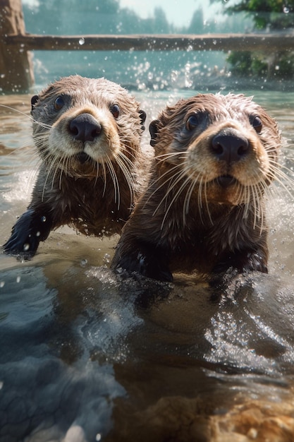 Two otters are swimming in the water.