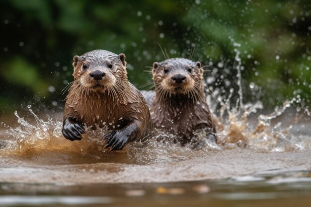 Two otters are swimming in the water.