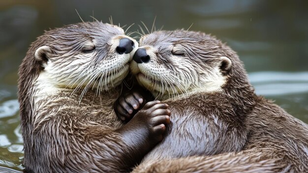 Two Otters Cuddle in Water