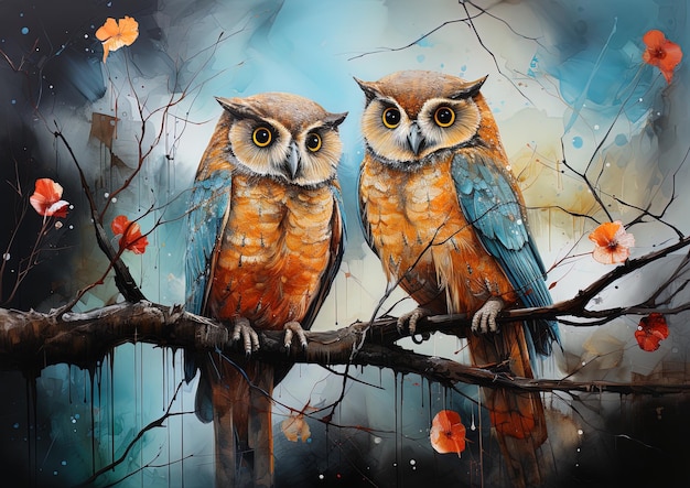 two owls are painted on a tree branch with leaves and a bird on the left