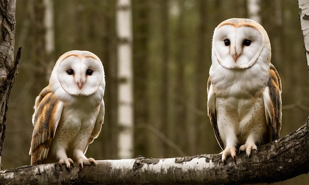 two owls are sitting on a branch with one has a white and brown face