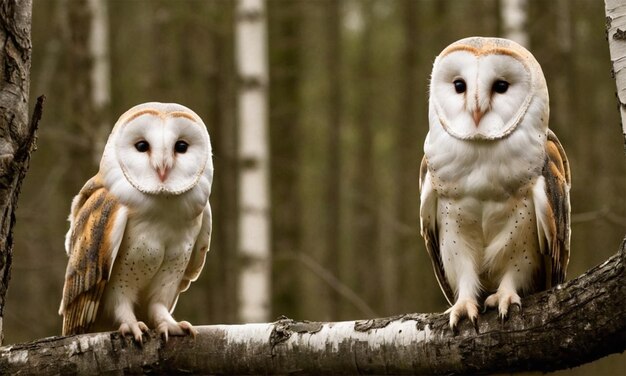 Photo two owls are sitting on a branch with one has a white and brown face