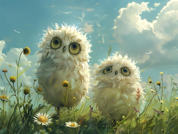 two owls are standing in the grass with flowers in the background