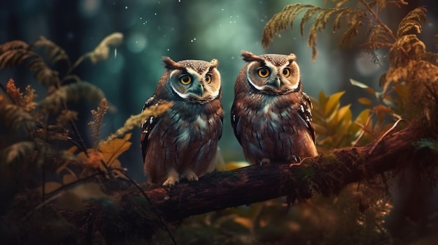 Two owls on a branch in the forest