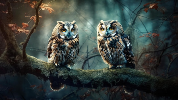 Two owls on a branch in the forest