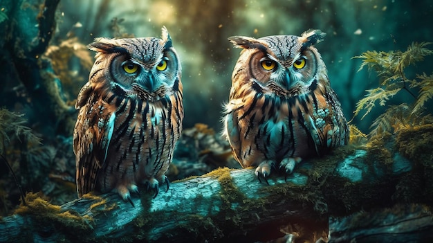 Two owls on a branch with the word owl on the left