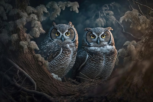 Two owls perched on a tree and staring at the viewer Generative AI