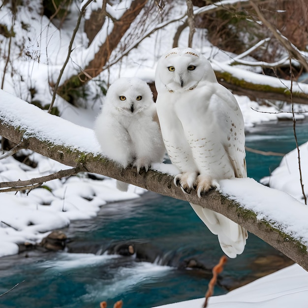 Photo two owls sitting on a tree branch with snow on them