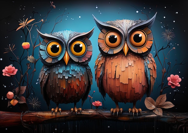 two owls with a blue background with a painting of two owls on the left