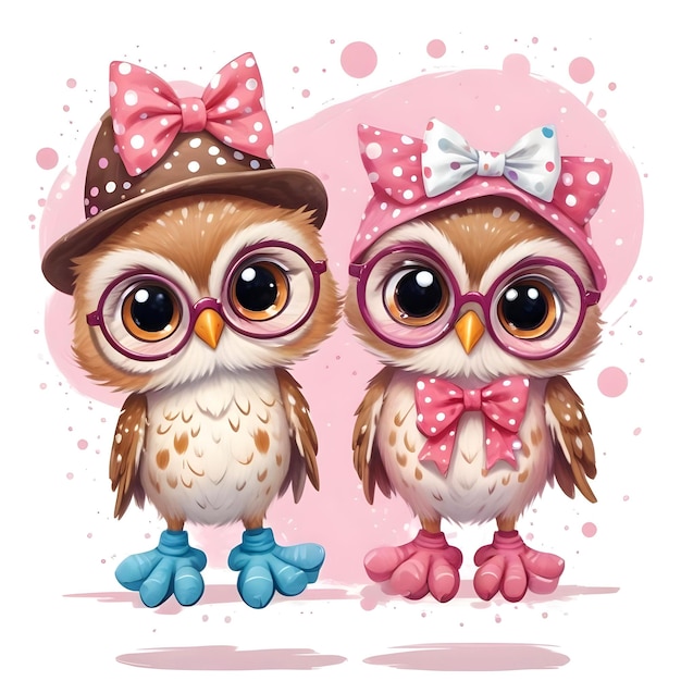 Photo two owls with pink hats and a pink background with a pink background