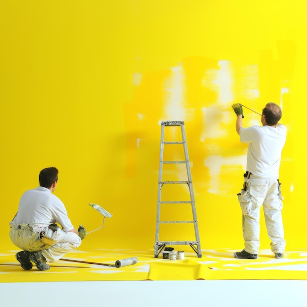 Photo two painters are painting a wall yellow