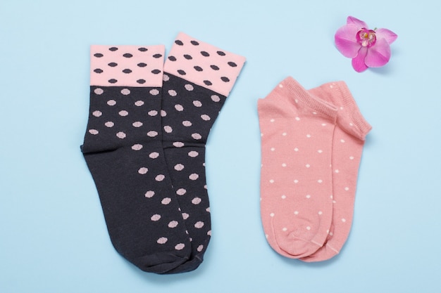 Two pair of black and pink women socks on a blue background, Top view.