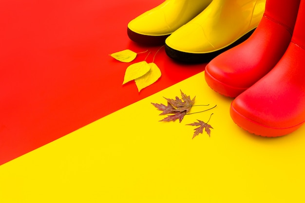 Two pairs of bright rubber boots-red and yellow are on a contrasting background and in front of them are autumn leaves.