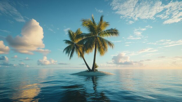 Two palm trees on a small tropical island in the middle of the ocean at sunset