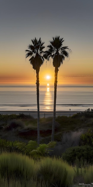 two palm trees with the sun setting behind them