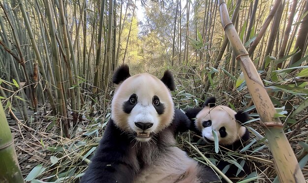 two panda bears are laying in the grass and one has black eyes