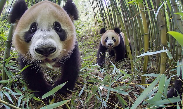 two pandas are in a bamboo forest one of which is a panda