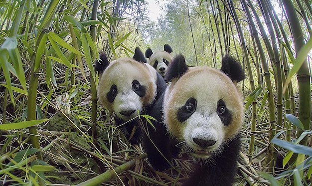 two pandas are in a forest with bamboo in the background