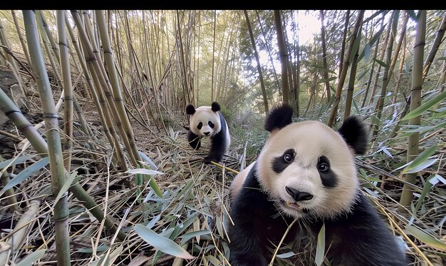 two pandas are in a forest with bamboo trees