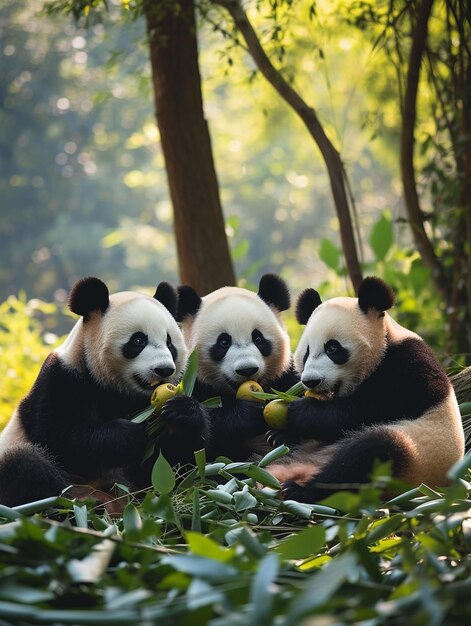 two pandas are sitting in the grass and one is eating a banana