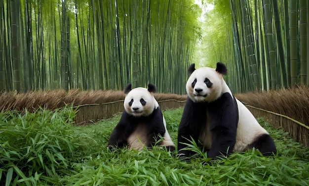 Photo two pandas are sitting in the grass one of them has a bamboo forest behind them