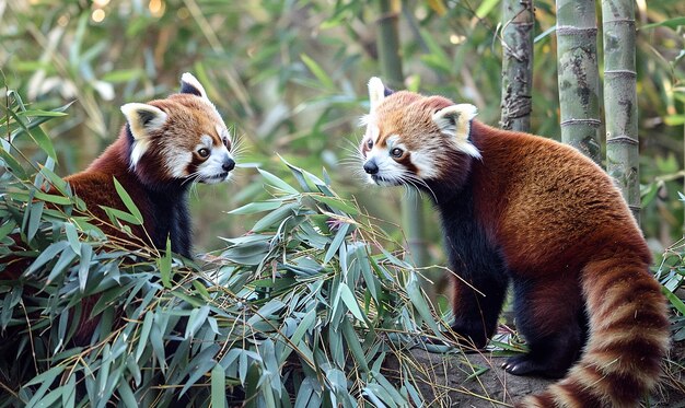 Photo two pandas are standing in a forest and one has a black and white face