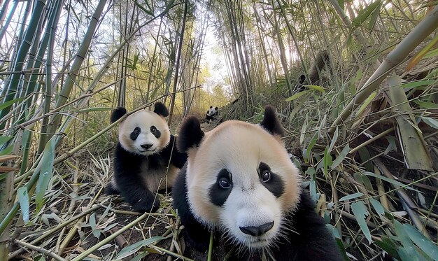 Photo two pandas are in the woods one of which has black eyes