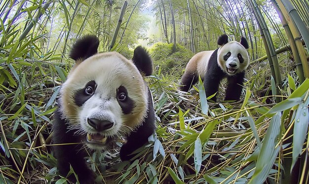 two pandas are in the woods one of which is a panda