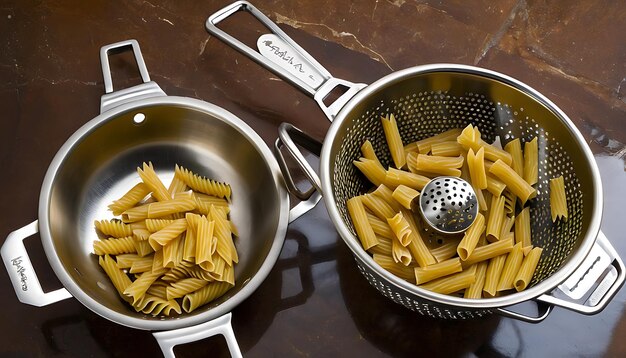 Photo two pans of pasta are next to a pot with a ball on it