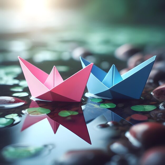 two paper boats are on a table with candles and flowers