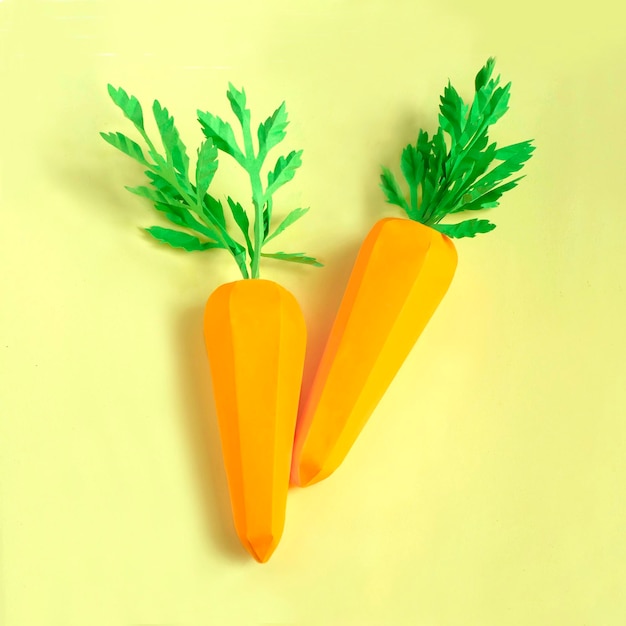 Two paper carrots on yellow background